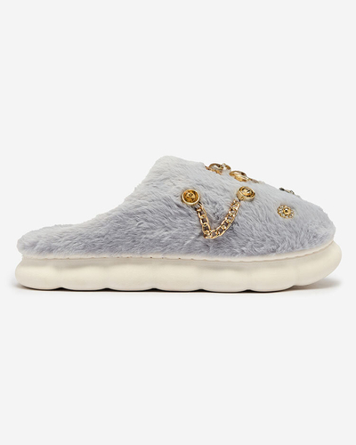 Royalfashion Blaue Damenpelzpantoffeln mit Ornamenten Erserra