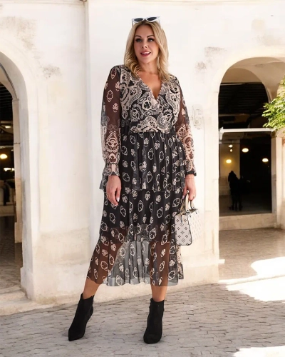 Royalfashion Schwarz-beiges Midikleid aus Mesh mit Print