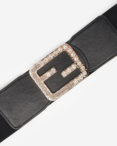 Schwarz Breiter elastischer Damengürtel mit Zirkonia - Accessoires