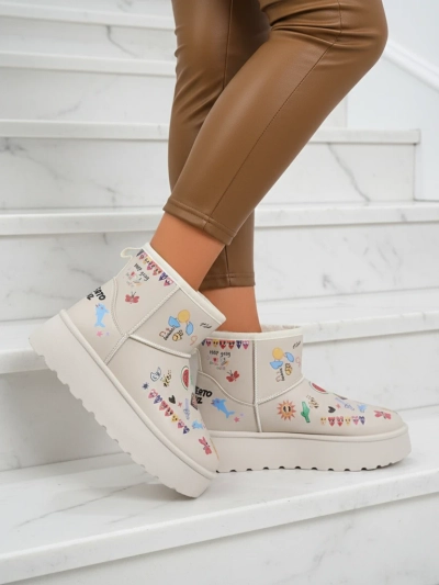 Lemuria Stiefeletten - Cremefarbene Doodle Schneestiefel mit dicker Furrini Sohle