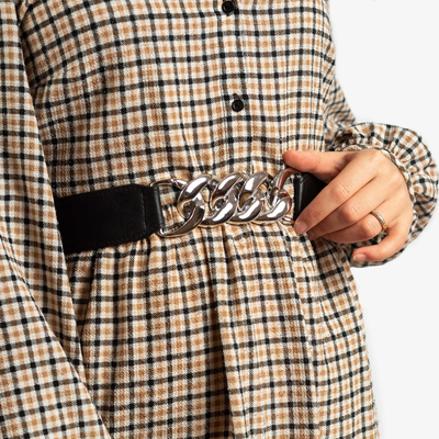 Schwarzer Elastischer Damengürtel mit silberner Kette - Accessoires