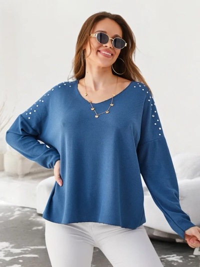 Royalfashion Damen dünner Viskosepullover mit Strasssteinen auf den Schultern