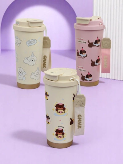 Royalfashion Thermobecher mit einem Korb, Strohhalm und Ausguss Happy Dog