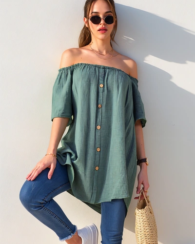 Royalfashion Baumwollbluse für Damen a'la Spanisch mit dekorativen Knöpfen