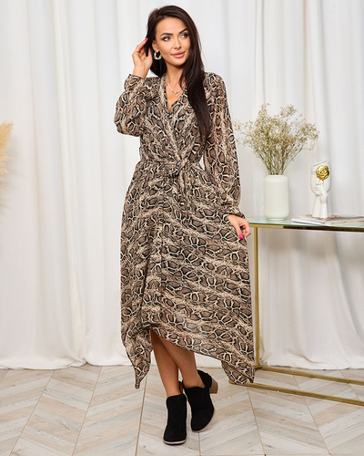 Royalfasion Dunkelbraunes langes Damenkleid mit modischem Druck