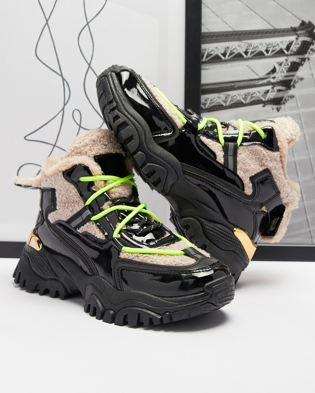 Schwarze Damen-Sportschuhe mit Pelz und neongelben Schnürsenkeln Adbo- Footwear
