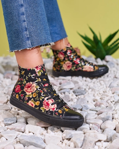 Royalfashion Damen hohe schwarze Sneakers mit Blumendruck Fahenna