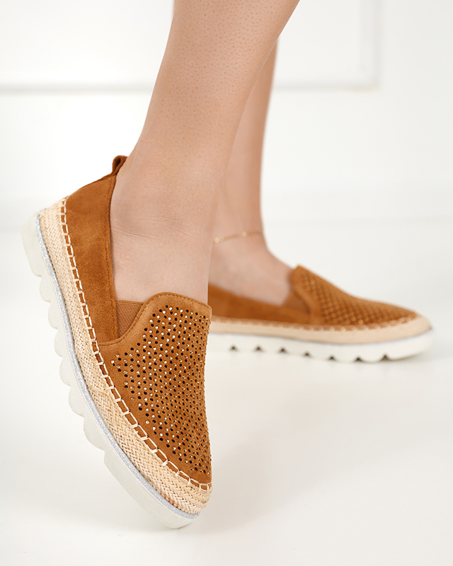 Durchbrochene Damen-Espadrilles mit Zirkonia und Glitzer in der Kamelfarbe Seritas - Schuhe