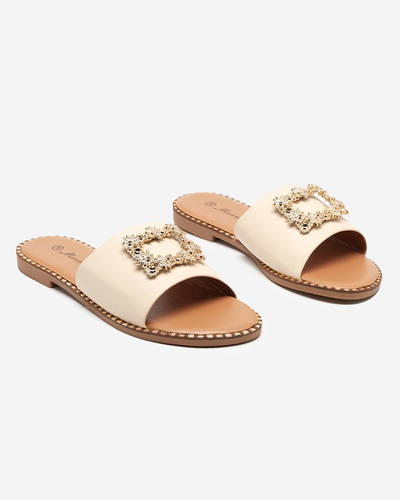 OUTLET Elegante beige Damenhausschuhe mit goldener Verzierung Meriso - Footwear