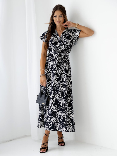 Royalfashion Gemustertes Damen-Midikleid mit kurzen Ärmeln, Wickelausschnitt und Gürtel
