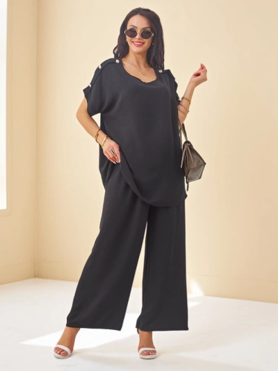 Royalfashion Damen Baumwollset mit kurzen Ärmeln und weiten Hosen