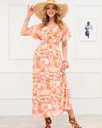 Orangefarbenes, langes Damenkleid mit modischem Muster - Kleidung