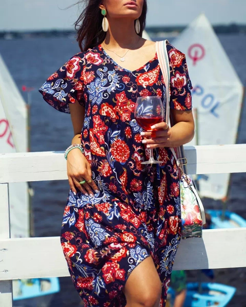 Royalfashion Marineblaues Damenkleid mit buntem Blumenmuster