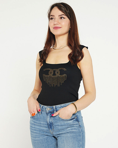 Schwarzes Damentop mit Zirkonia - Kleidung