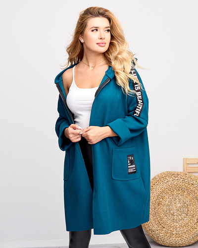 Türkisfarbene Manteljacke für Damen mit Aufschriften - Kleidung