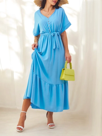 Royalfashion Damen-Midikleid mit kurzen Ärmeln und dekorativen Knöpfen