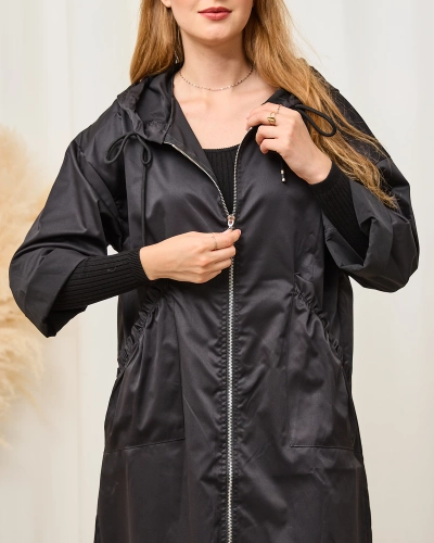 Schwarze Damenjacke Mantel mit Kapuze - Bekleidung