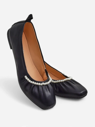 Baleriny Callisto Nero – Schwarze Ballerinas aus Öko-Leder mit Perlen, flacher Absatz