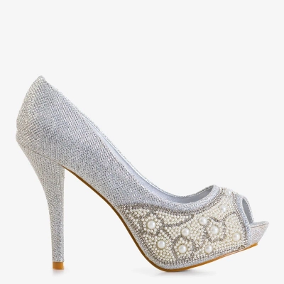 OUTLET Silber glänzende Damen High Heels mit Zirkonia und Perlen Mira - Schuhe