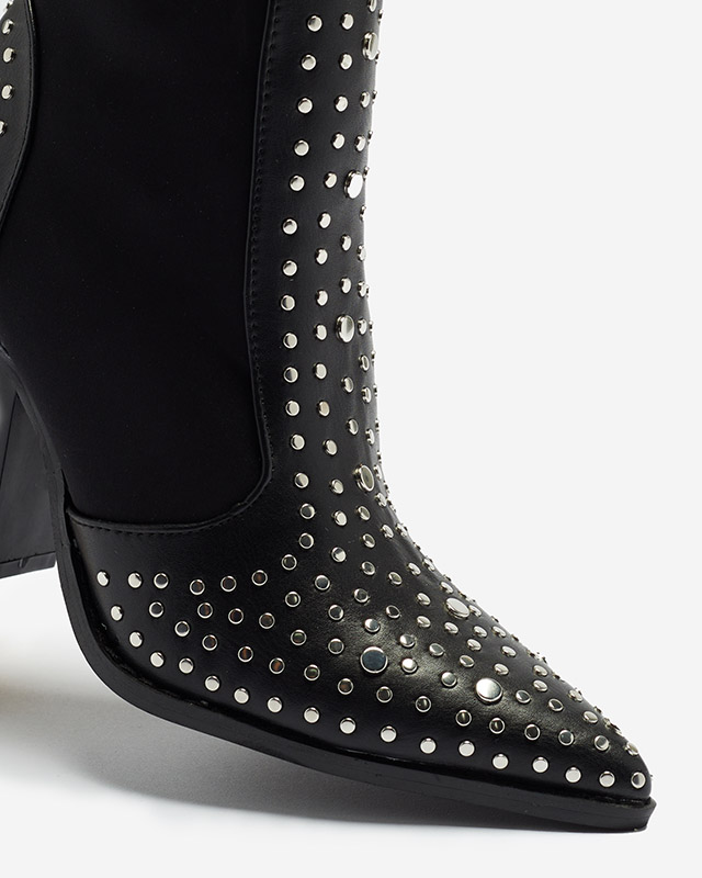 Schwarze Cowboystiefel auf einem höheren Stiletto mit Strasssteinen Ricci- Footwear