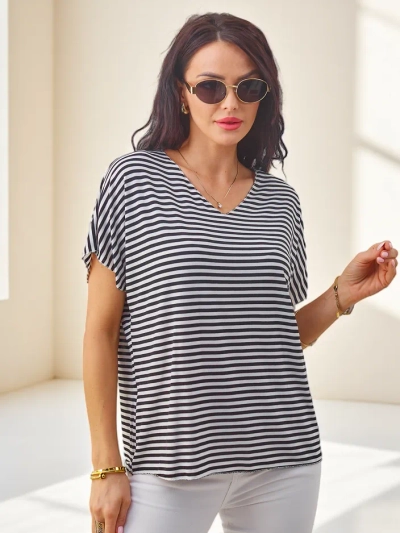 Royalfashion Damen Viskose gestreifte Bluse mit kurzen Ärmeln und Glitzerfinish