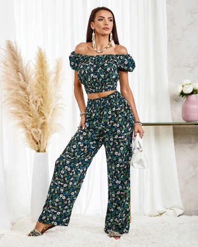 Royalfashion Schwarzes zweiteiliges Set für Damen mit Blumenmuster