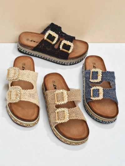 Royalfashion Damensandalen mit Strassschnallen GlamCork