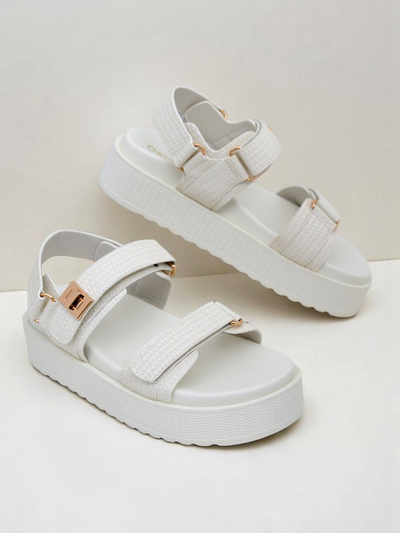 Royalfashion Kallisto – Weiße Damen Sandalen mit Plateau, Öko-Leder