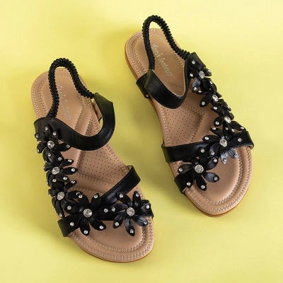 OUTLET Schwarze Damensandalen mit Blumen Aflori - Schuhe