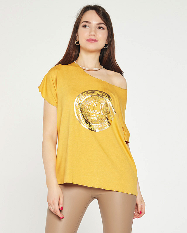 Senffarbenes Damen-T-Shirt mit Golddruck und Zirkonia - Kleidung