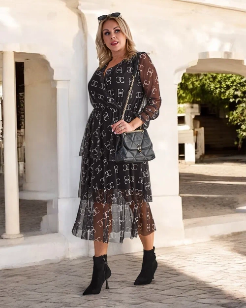 Royalfashion Чорна сукня міді в сітку з принтом