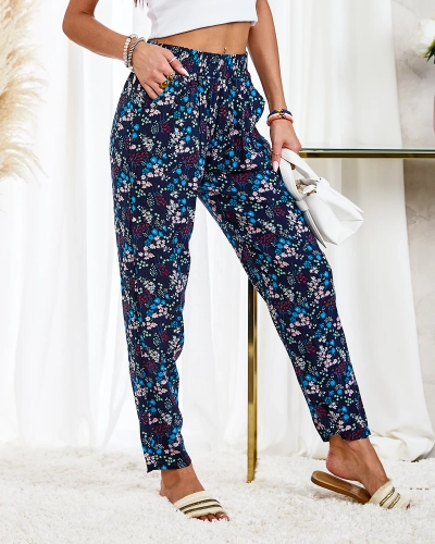 Royalfashion Marineblaue Damen-Stoffhose mit bunten Blumen