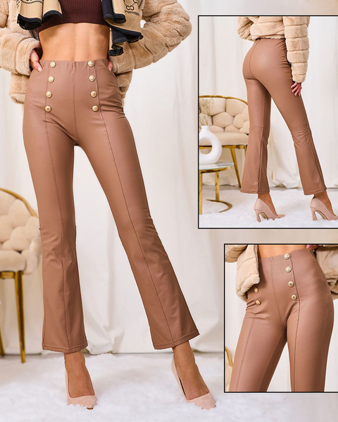 Royalfashion Braune Damen Öko-Leder-Leggings mit Goldknöpfen