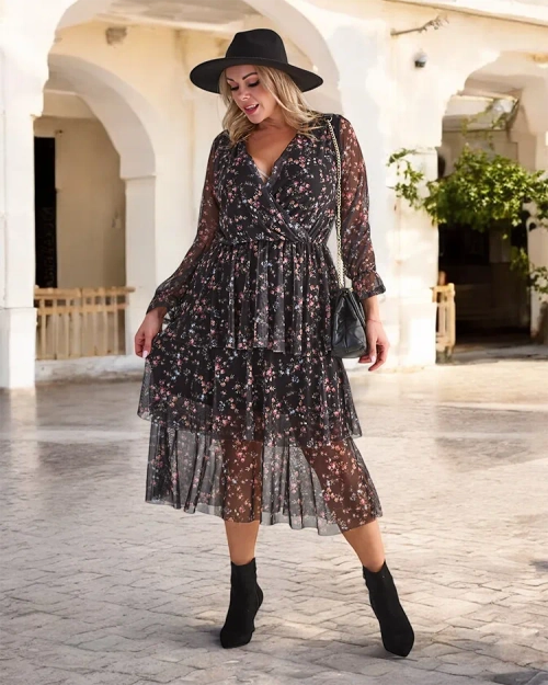 Royalfashion Чорна візерунчаста жіноча максі-сукня