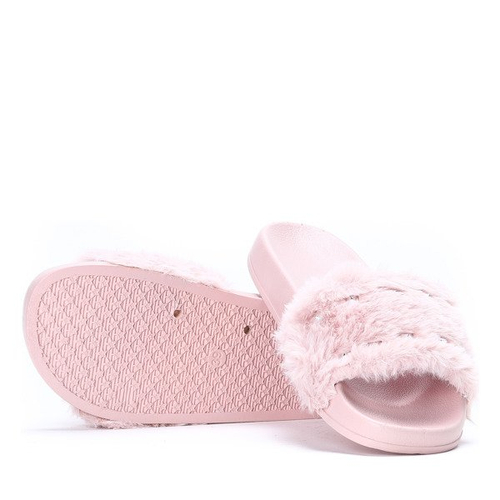 Różowe klapki z futerkiem i ćwiekami Adina - Obuwie