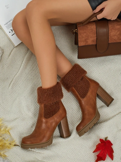 Damen Stiefeletten aus Öko-Leder mit Blockabsatz und Strick Tirave