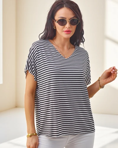 Royalfashion Damen Viskose gestreifte Bluse mit kurzen Ärmeln und Glitzerfinish