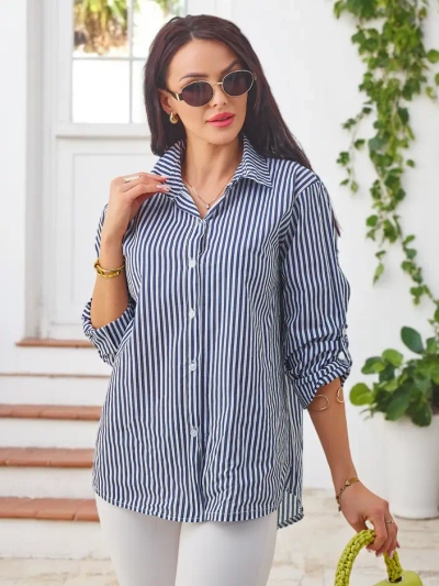 Royalfashion Baumwolle Damen gestreiftes Hemd mit einem Band am Saum