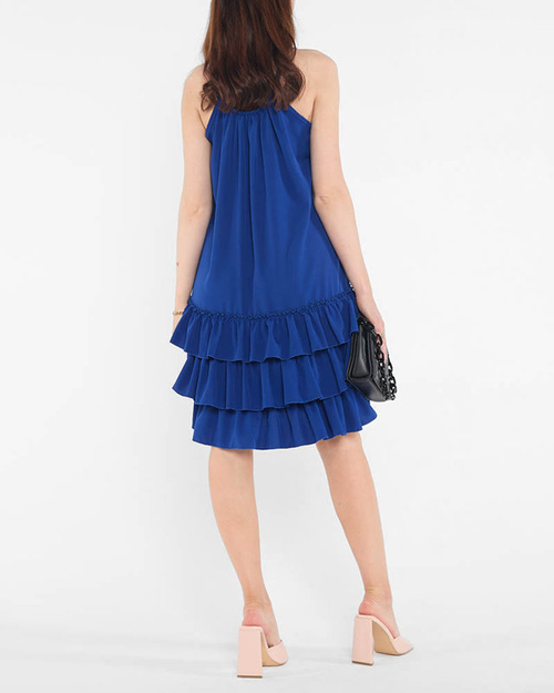 Темно-синя сукня на бретелях з оборками