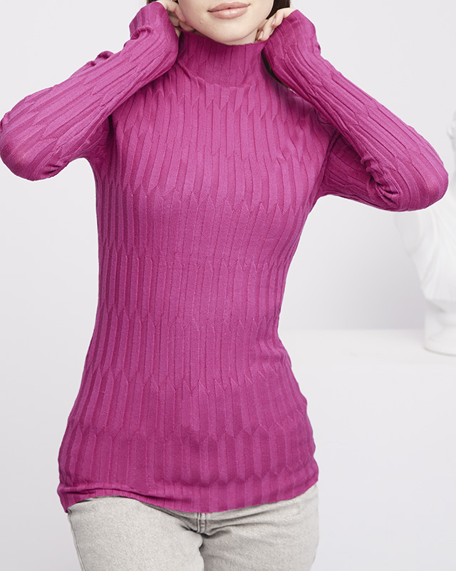 Fuchsia gerippter Damenpullover mit Stehkragen - Bekleidung
