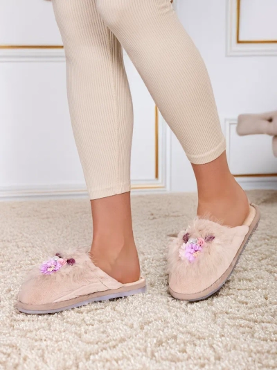 Royalfashion Damen-Fellslipper mit Blumen Ederra