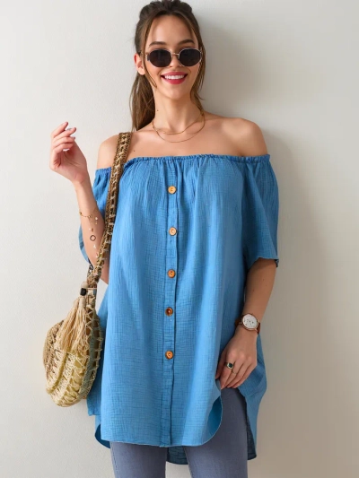 Royalfashion Damen Baumwollbluse im spanischen Stil mit dekorativen Knöpfen