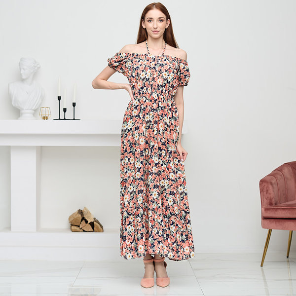 Langes marineblaues Damenkleid mit korallenroten Blumen - Kleidung