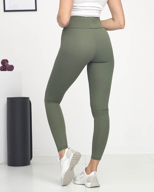 Зелені легінси в рубчик з рожевим написом