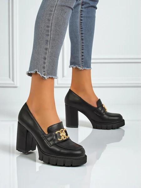 Damen Nero Aurora Pumps mit Blockabsatz und goldener Schnalle, Öko-Leder