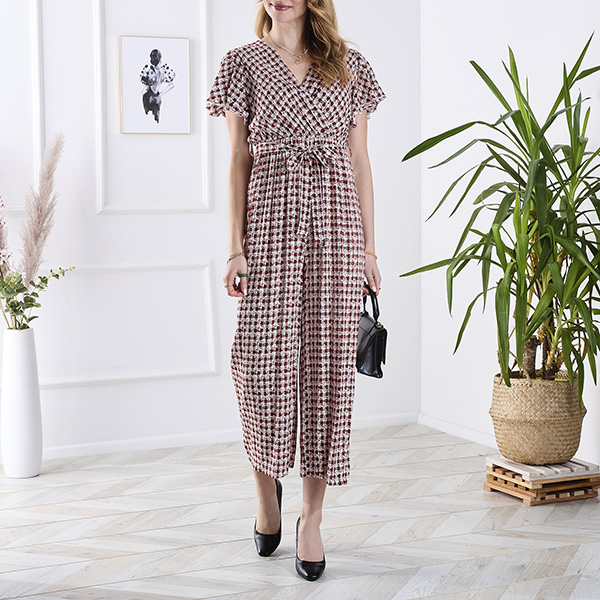 Gemusterter langer Damen-Overall mit Bindeband in Rot- Kleidung