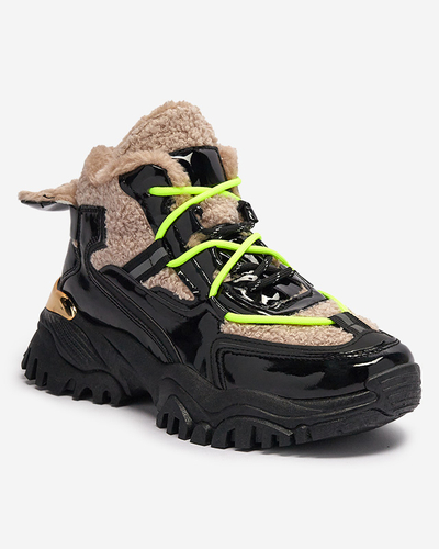 Schwarze Damen-Sportschuhe mit Pelz und neongelben Schnürsenkeln Adbo- Footwear