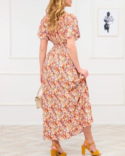 Hellbraunes Maxikleid für Damen mit Blumenmuster - Kleidung