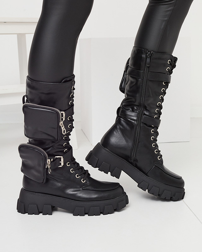 Schwarze Arbeitsstiefel mit Zierbeuteln am Schaft Sello- Footwear