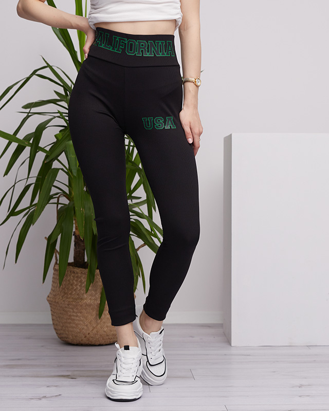 Schwarze Ripp-Leggings für Damen mit grünen Zeichen - Kleidung